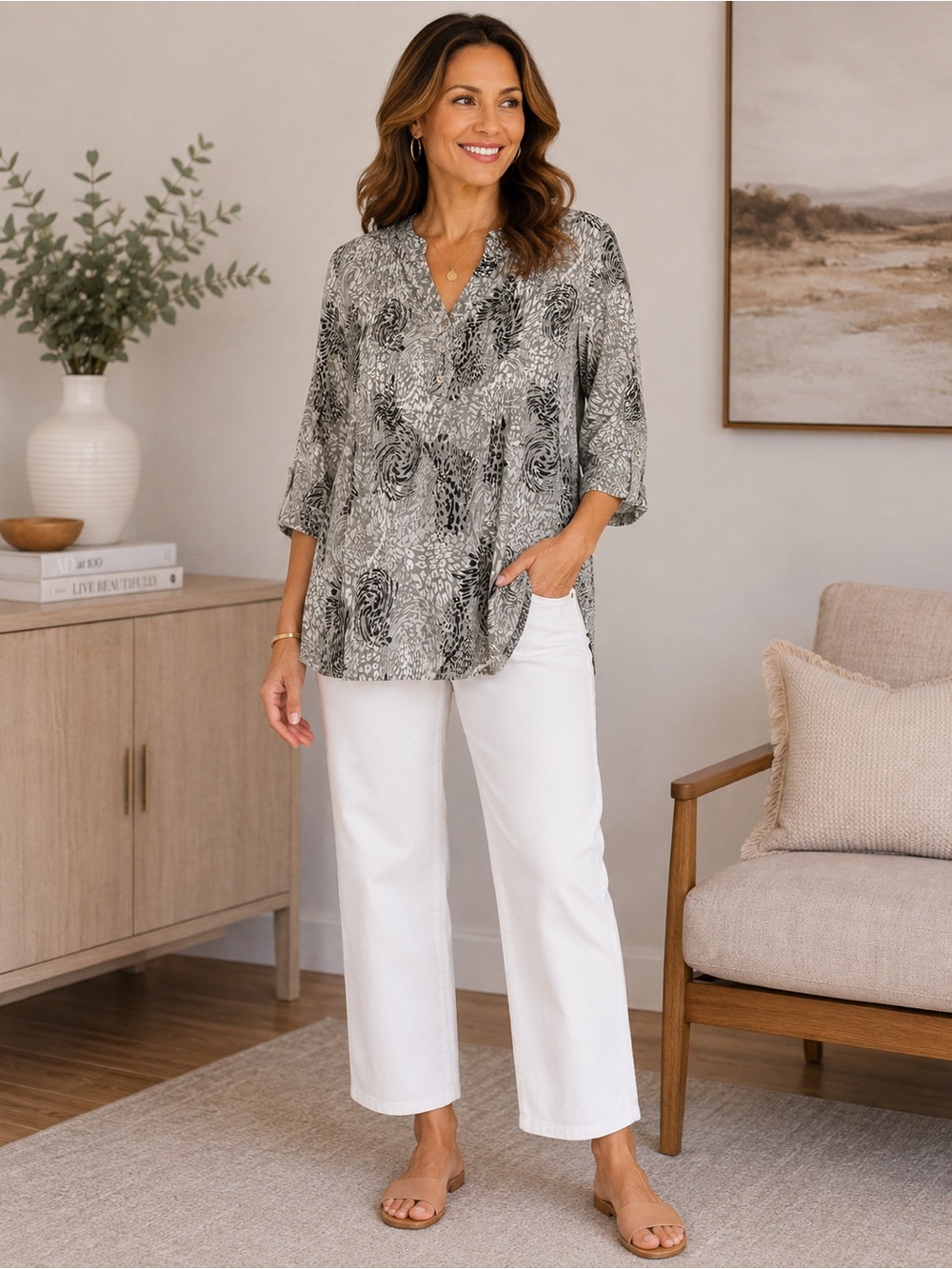 NY Collection Gray and Black Patterned V-Neck Blouse